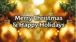 Merry Christmas & Happy Holidays, gold ornaments in the background.